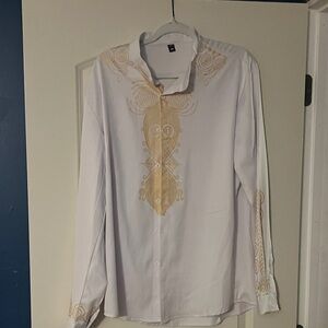 Men's White and Gold Embroidered Shirt